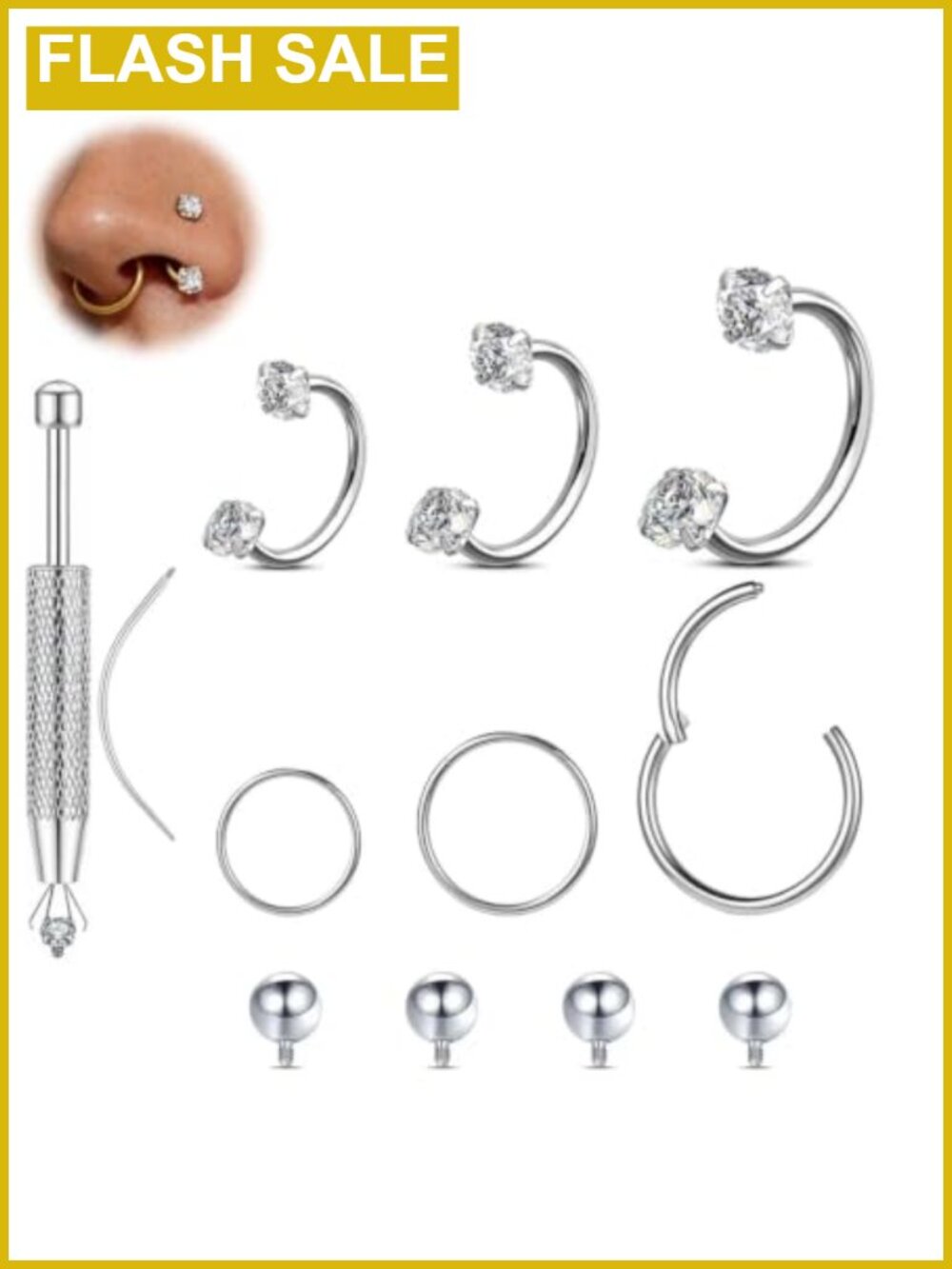 18G Surgical Steel Horseshoe Nose Rings CZ Seamless Hoops Piercing Jewelry